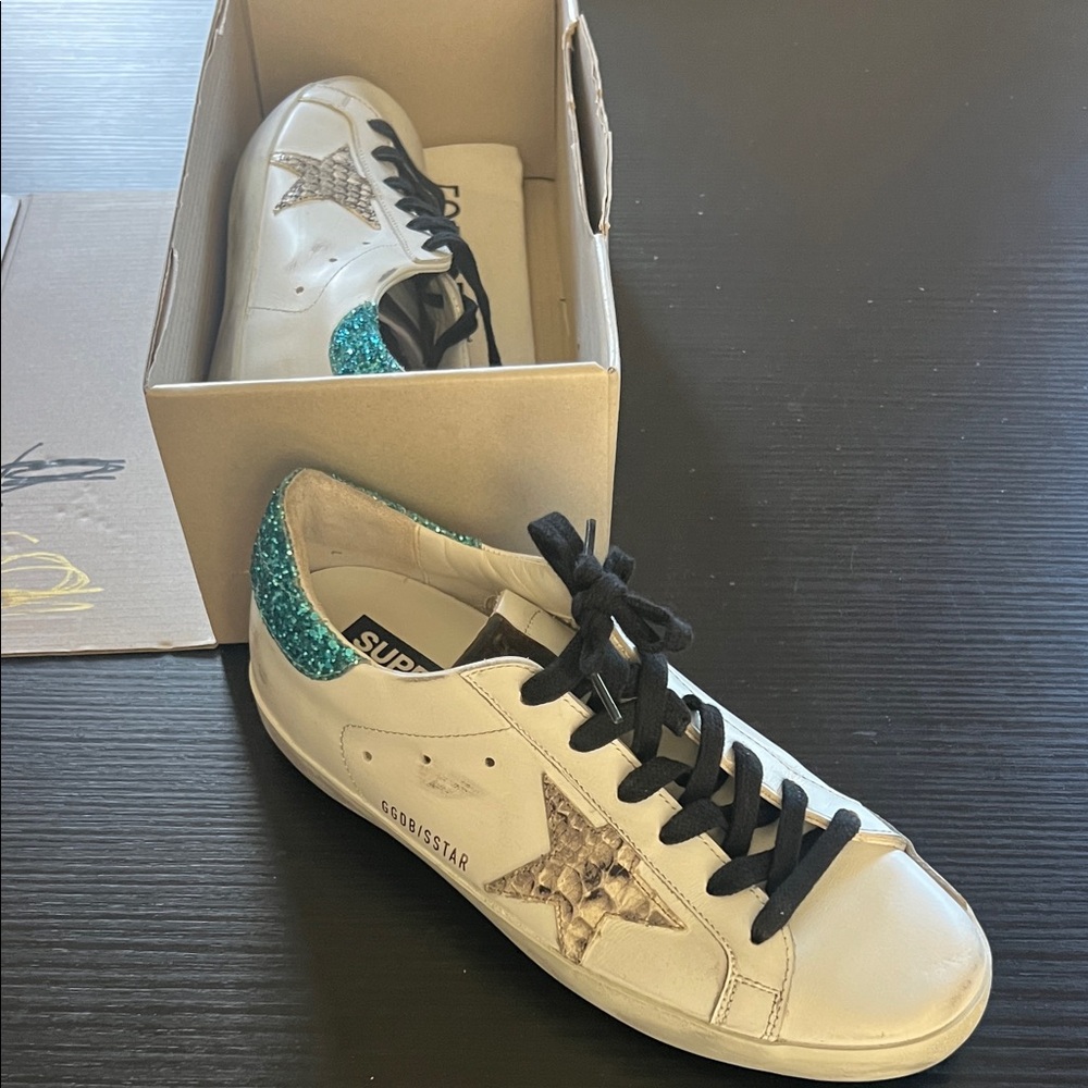 Golden Goose Women's White and Glitter Teal Sneakers
